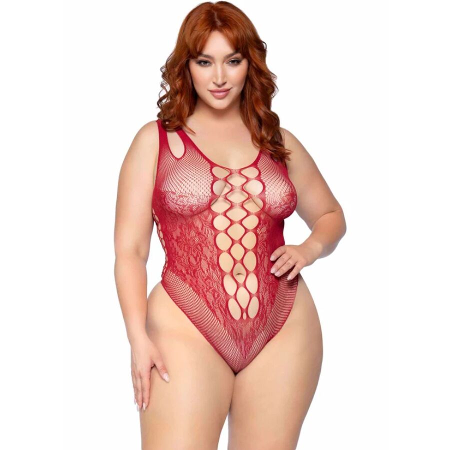 Leg Avenue Dangerous Curves Plus Bodysuit Burgundy 1X/2X - Teddy de Encaje y Red