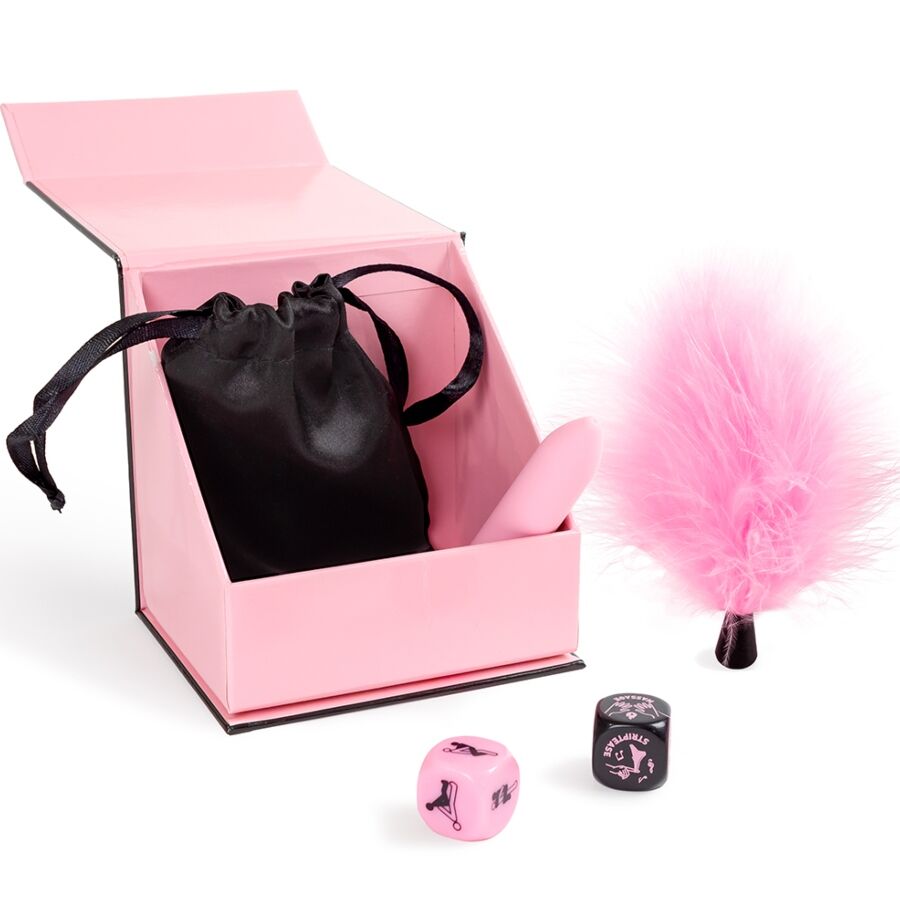 Secret Play Pleasures Box - Juego para parejas con dados, vibrador y pluma