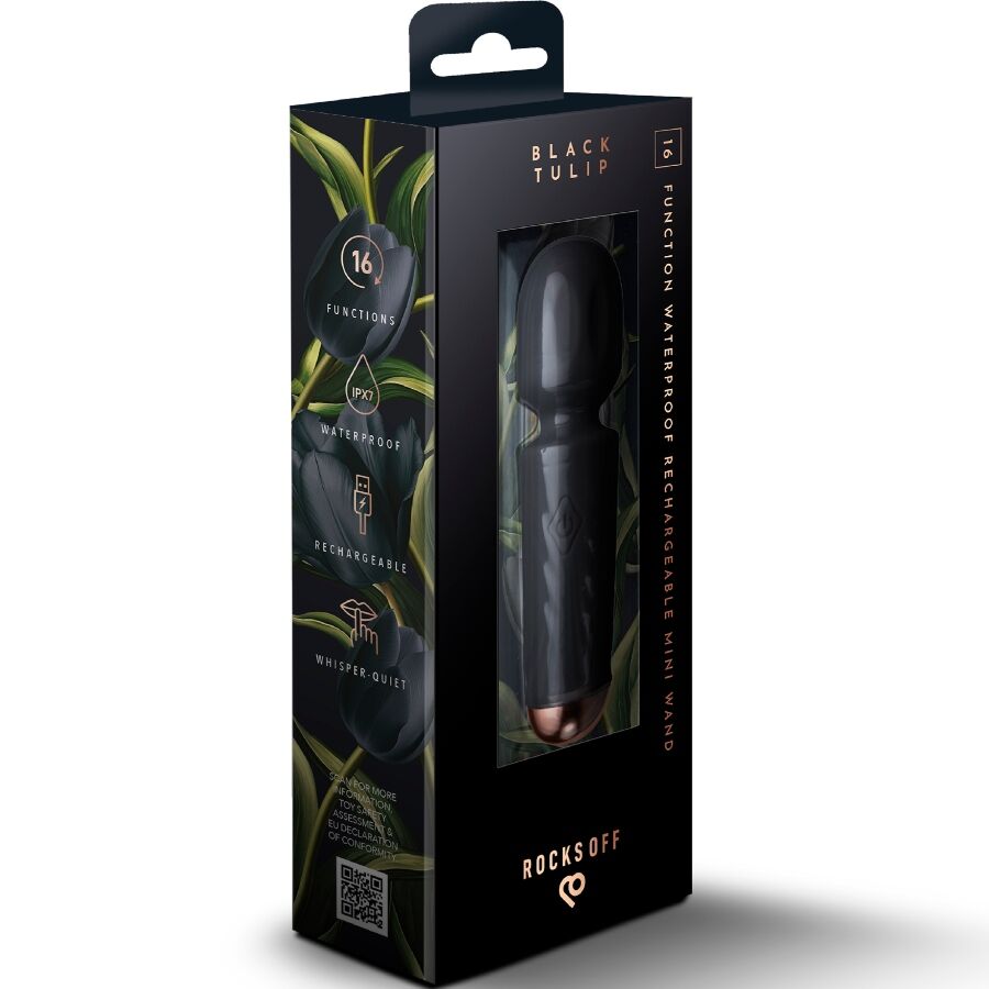 Rocks-Off Mini Rechargeable Wand 16 Functions Black Tulip