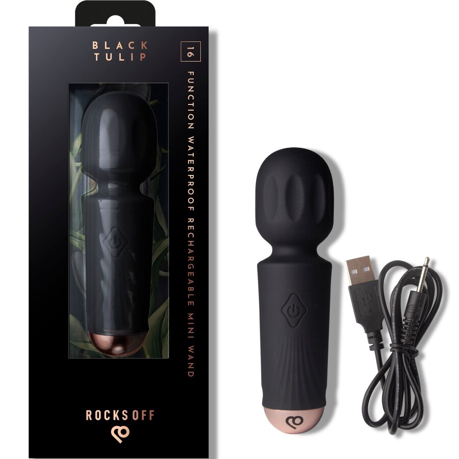 Rocks-Off Mini Rechargeable Wand 16 Functions Black Tulip