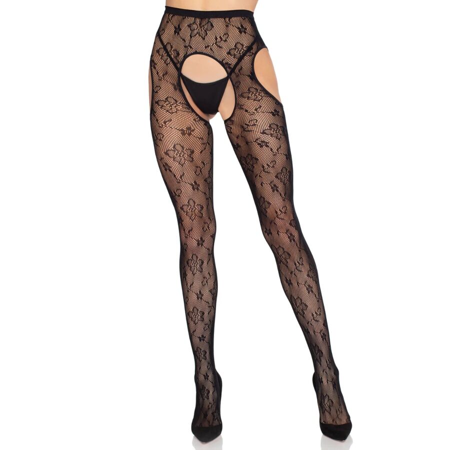 Leg Avenue 1967 Bloom Net Suspender Tights Black - Medias de Red con Liguero