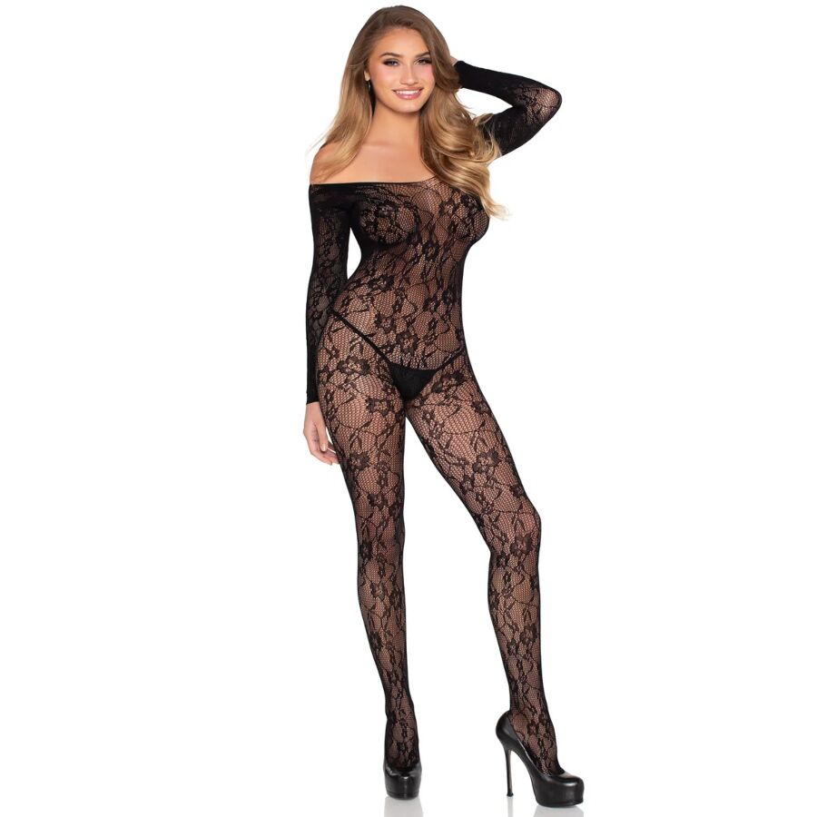 Leg Avenue Bodystocking de Encaje Negro - Diseño Liguero Transparente