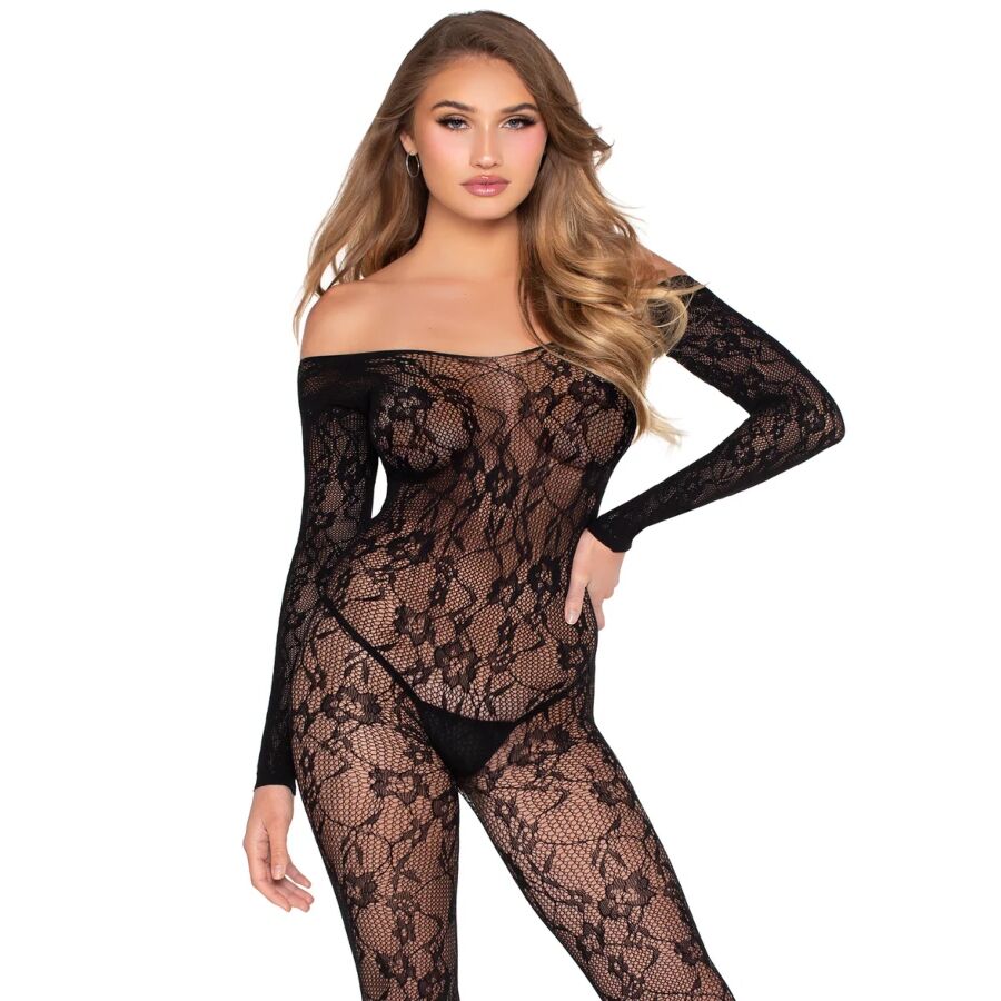 Leg Avenue Bodystocking de Encaje Negro - Diseño Liguero Transparente