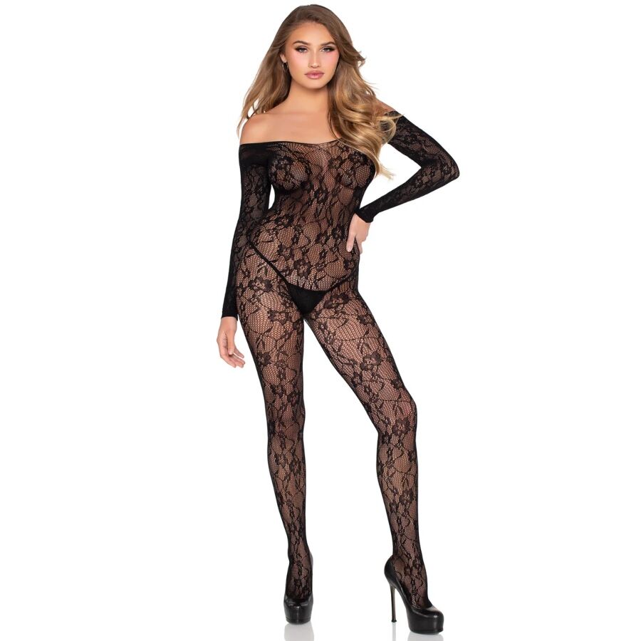 Leg Avenue Bodystocking de Encaje Negro - Diseño Liguero Transparente
