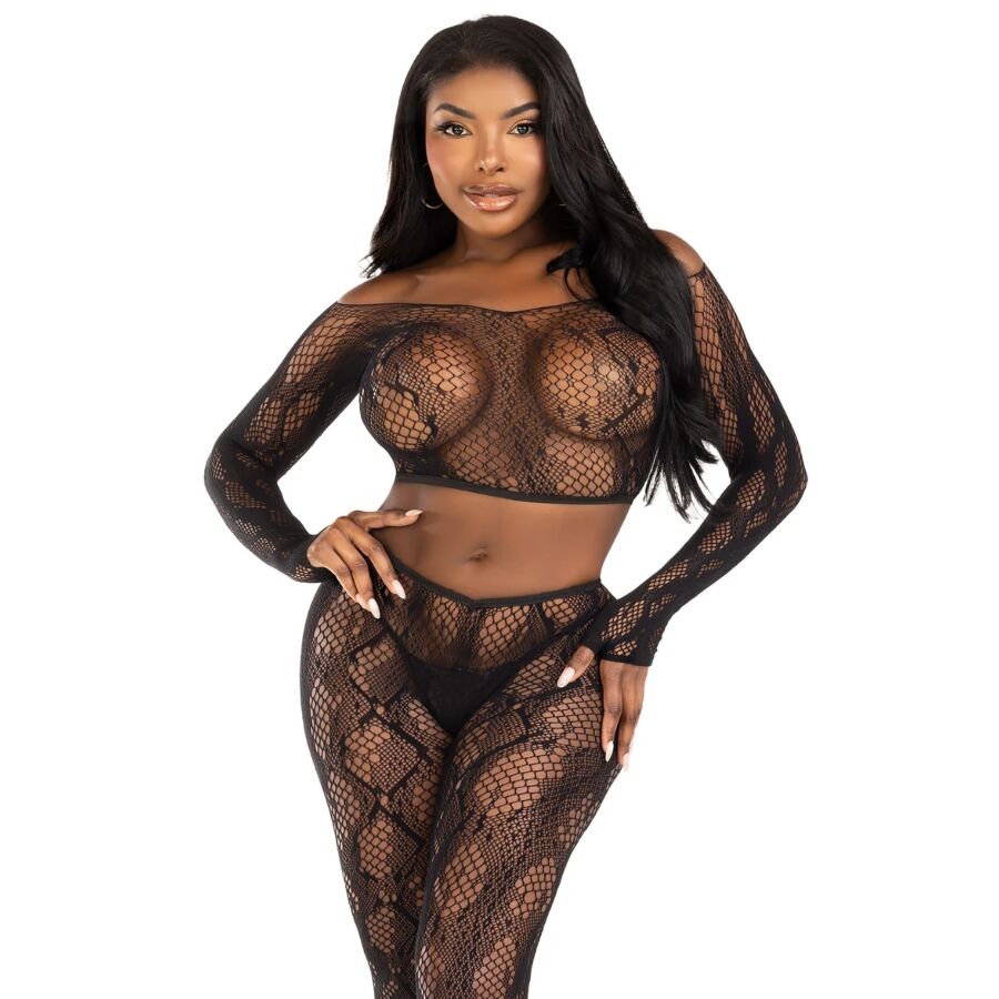 Leg Avenue Python Crop Top & Footless Tights - Conjunto Negro One Size