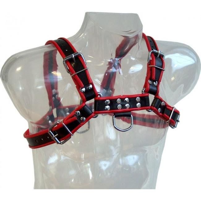 Leather Body Chain Harness III - Arnés de Cuero Negro y Rojo para Hombre