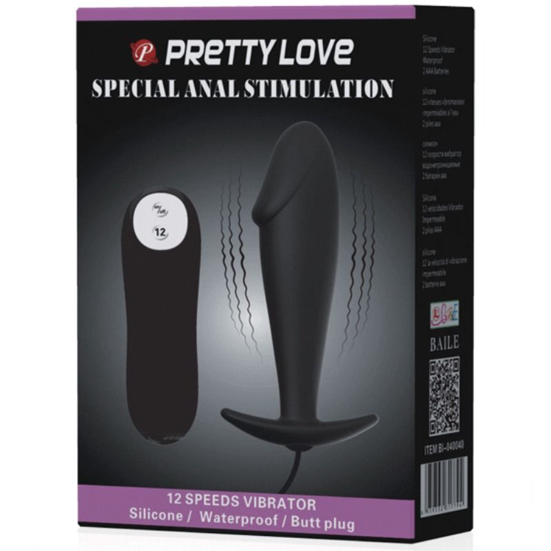 Pretty Love Plug Anal Silicona Forma Pene 12 Vibraciones Negro