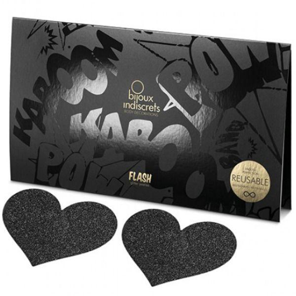 Bijoux Indiscrets Flash Black Heart - Cubrepezones Decorativos en Forma de Corazón