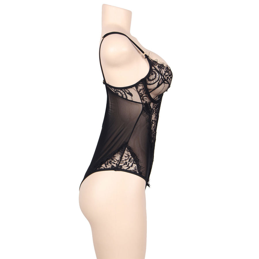 Subblime Queen Plus Teddy de Encaje Floral y Flecos Negro