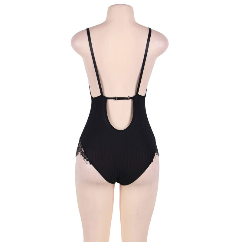 Subblime Queen Plus Teddy Negro con Collar y Ligas - Bordados Florales