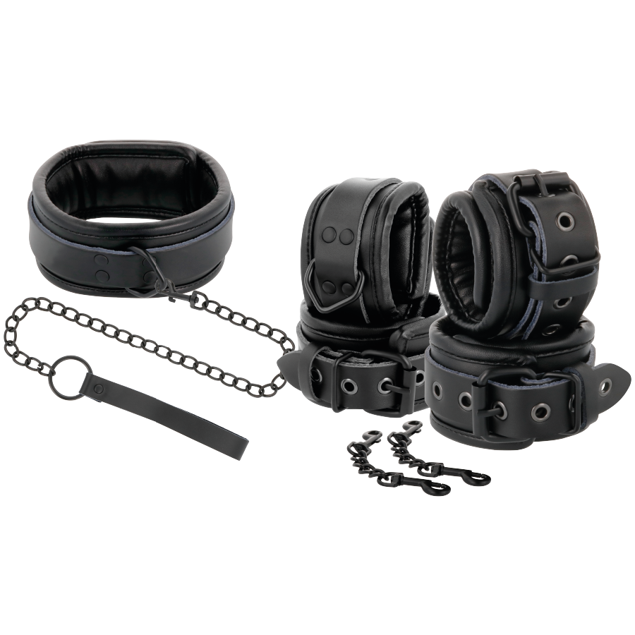 Darkness Black Leather Handcuffs and Collar Set