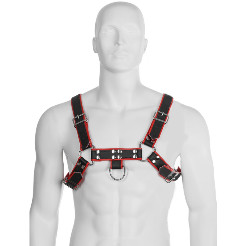 Leather Body Chain Harness III - Arnés de Cuero Negro y Rojo para Hombre