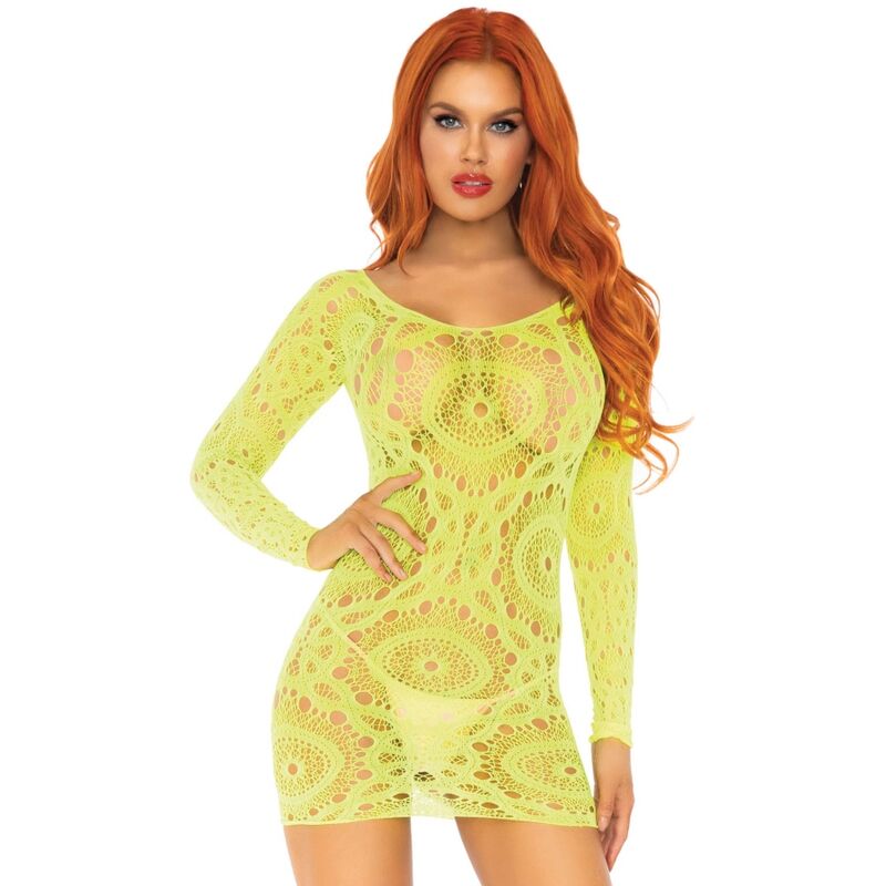 Leg Avenue Crochet Lace Long Sleeve Mini Dress Neon - Talla Única